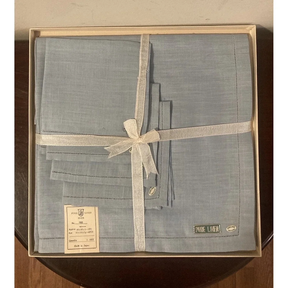 Vintage Japan Pure Linen‎ Tablecloth Napkin Set Blue NWT Original Box